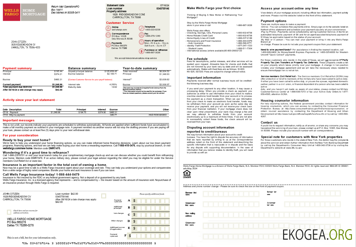 Etats , Unis Texas Wells Fargo relevé hypothécaire bancaire, 2 pages scr